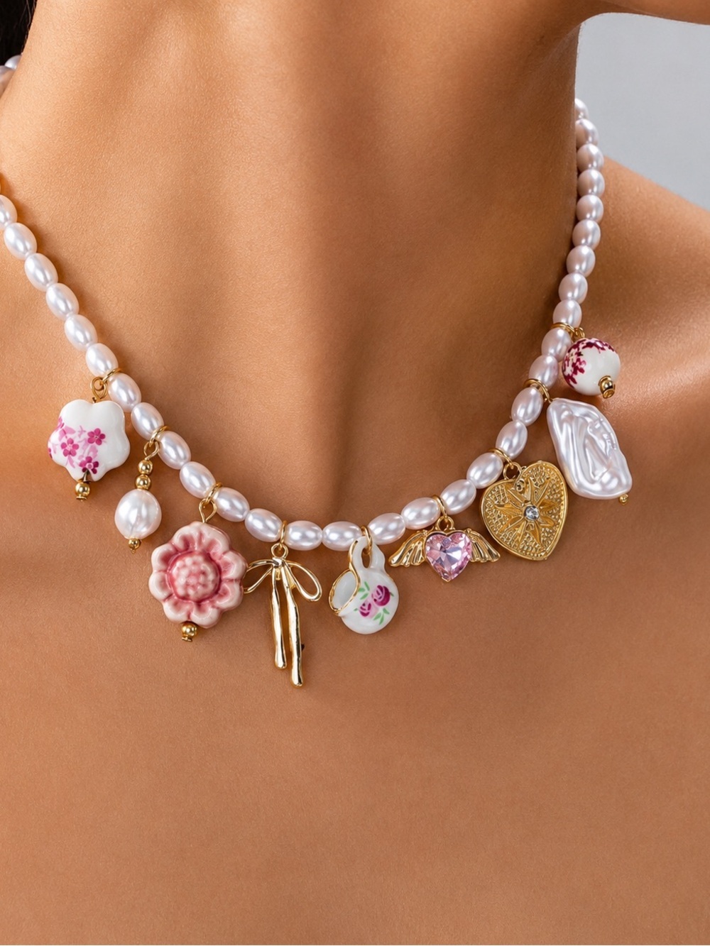 Vintage inspired pearl charm necklace
